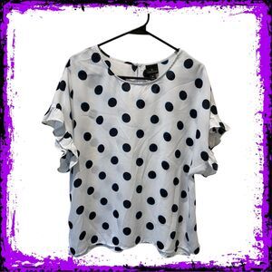 Worthington Flutter Sleeve Round Neck Black Polka Dot Blouse, Women’s Size S